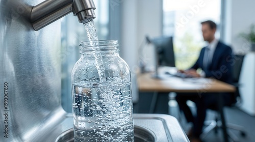 Man filling a glass bottle with clear water from a dispenser in a modern office.