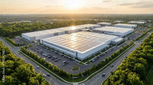Aerial view of a large modern data center campus with white buildings and solar panels.