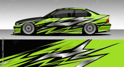 Dynamic green and black sports car wrap design graphics