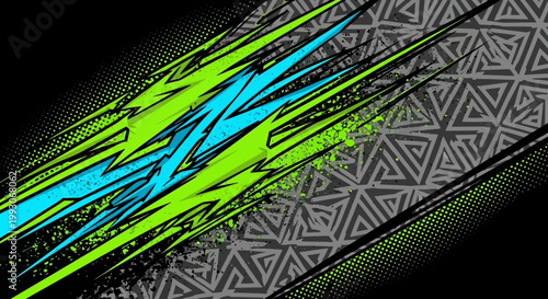 Dynamic racing graphic with neon accents and triangle patterns