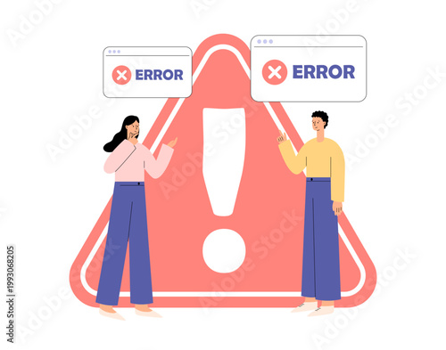 Error message. System error warning with people and alert sign. Technical failure, software problem, data risk and troubleshooting concept. Flat vector illustration