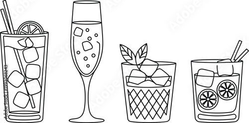 cocktail and bar drinks line art icon collection, hand drawn vector set, martini glass, wine bottle, champagne, cocktail shaker, and party elements, minimal linear style for menus, invitations.