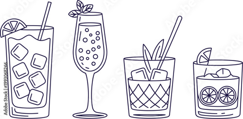 cocktail and bar drinks line art icon collection, hand drawn vector set, martini glass, wine bottle, champagne, cocktail shaker, and party elements, minimal linear style for menus, invitations.