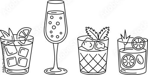 cocktail and bar drinks line art icon collection, hand drawn vector set, martini glass, wine bottle, champagne, cocktail shaker, and party elements, minimal linear style for menus, invitations.