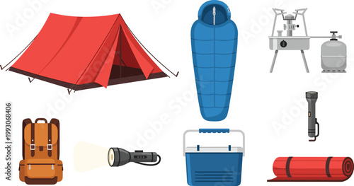 Camping and Outdoor Survival Icon Set with Tent, Sleeping Bag, Gas Stove, Backpack, Flashlight, Cooler Box, and Sleeping Mat Elements for Travel and Adventure Designs
