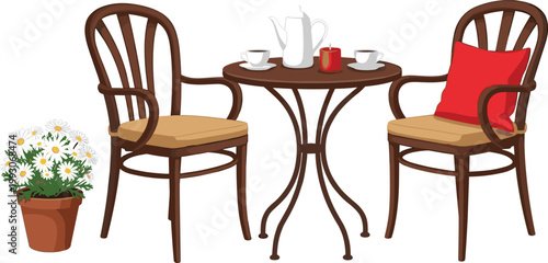 Cozy Outdoor Café Table Setting with Two Chairs, Coffee Cups, Teapot, and Flowers for Relaxing Garden and Patio Decor
