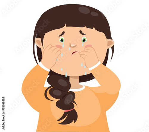 Crying little girl wiping tears, sad child face, kids emotions illustration