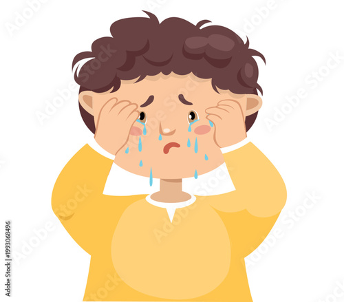 Crying little boy wiping tears, sad child face, kids emotions illustration
