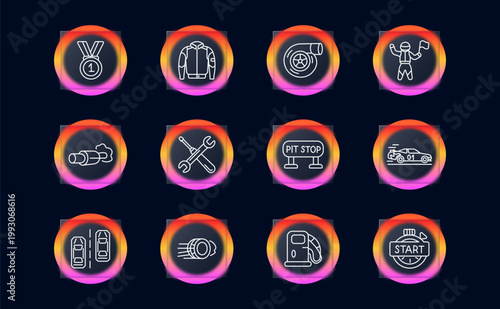 Racing motorsport set icon. Linear competition speed collection with champion medal, racing jacket, turbo engine, driver flag, exhaust smoke, repair tools, pit stop sign, sport car