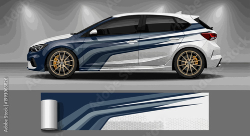 Navy blue and white sports car wrap vinyl sticker design
