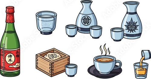 Sake Bottle, Cups, and Hot Drink Glasses with Traditional Wooden Box and Steaming Coffee for Beverage and Drink Designs