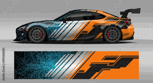 Orange and blue circuit racing car vinyl wrap design