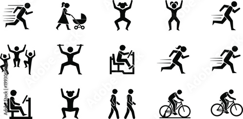 Various Fitness and Physical Activity Icons with Running, Walking, Cycling, and Strength Training Pictograms for Exercise and Health