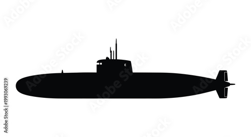 A stark black silhouette of a submarine showcasing naval technology silhouette