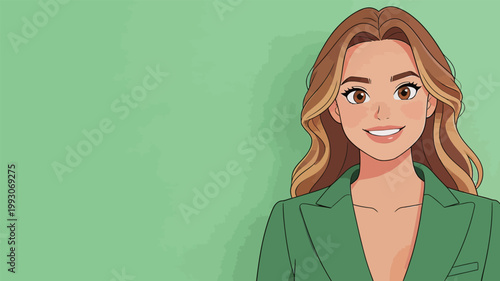 Illustration of a Smiling Businesswoman in Green Suit