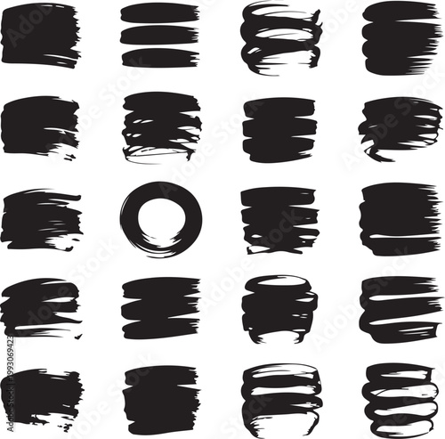 A collection of various hand painted black ink brush strokes and textures on a white background