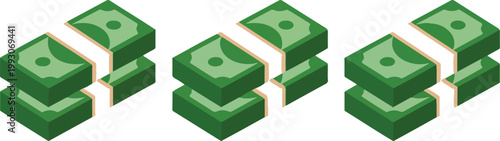 Isometric stacks of green paper currency bills with white bands on white background representing cash savings financial success wealth growth investment earnings banking profit and monetary abundance