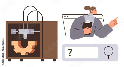 Technology, innovation, 3D printing, search, inquiry, manufacturing process. Scene shows a 3D printer, a woman pointing to a search bar and a gear. Technology and innovation concepts