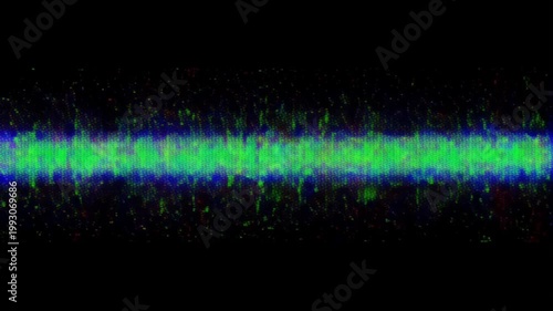 Horizontal Green and Blue Digital Sound Wave Signal with Noisy Texture on Black Background