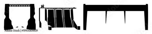 Hydroelectric power dam icon set with solid black silhouette on white background featuring icons, energy, renewable, engineering with power and electricity