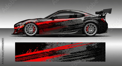 Sports car with red and black racing livery design