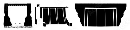Hydroelectric power dam icon set with solid black silhouette on white background featuring icons, energy, renewable, engineering with power and electricity