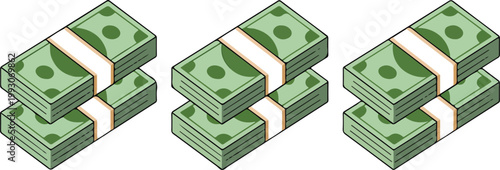 Isometric stacks of green paper currency bills with white bands on white background representing cash savings financial success wealth growth investment earnings banking profit and monetary abundance