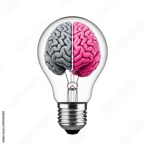 A lightbulb with a brain split into pink and gray halves inside isolated on transparent background