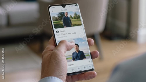 Person holding smartphone with blank white screen mockup in modern interior setting for app
