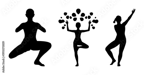 Yoga tree pose silhouette icon set with solid black figure on white background featuring yoga, posture, meditation with simple line and vector illustration