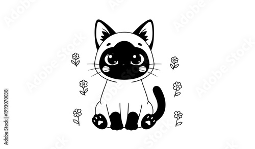 Cute Siamese kitten cartoon with blue eyes and flowers adorable pet vector illustration isolated on white background