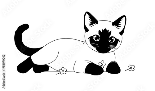 Cute Siamese kitten playing with flowers cartoon vector illustration with blue eyes isolated on white