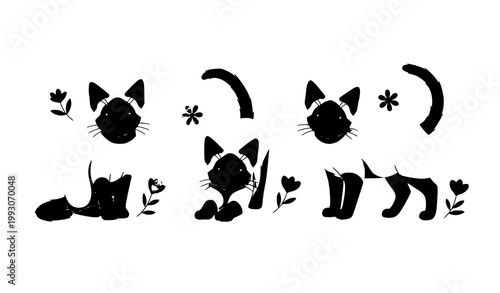 Cute Siamese kitten set with blue eyes and flowers cartoon pet characters isolated on white background