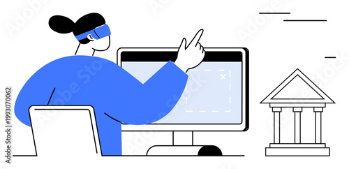 Virtual reality, online education, digital innovation, e-government, technological learning, immersive interaction. Person wearing VR headset using a computer, pointing at projected content. Virtual