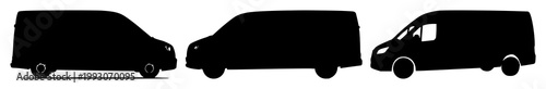 Van set with solid black icon on white background featuring fleet management, transportation, vehicle icons with commercial vans and logistics