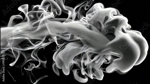 Dynamic white smoke swirls drifting against a solid black background for creative overlay