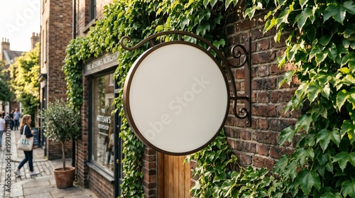 Blank round hanging outdoor shop sign mockup on a brick wall with green ivy leaves