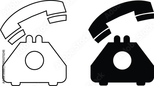 Retro desk telephone icons set in black flat and line styles. Silhouette communication vectors symbols for contact, call, customer support and hotline concepts isolated on transparent background.