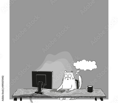 Funny white cat starting work at computer with one cup of coffee, office routine.