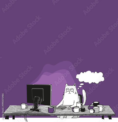 Overworked cat at computer with many coffee cups, workplace stress concept.