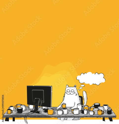 Sleepy cat working late with yellow coffee cups, deadline stress illustration.