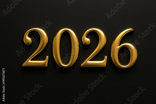 A shiny gold 2026 numeral set against a deep black background conveys luxury, success, and new beginnings. Ideal for financial, business, festive