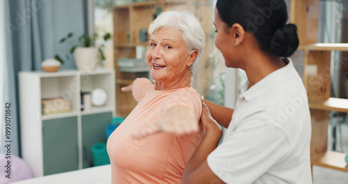 Photos Physiotherapist, old woman and stretching with arms, smile or support with recovery for injury