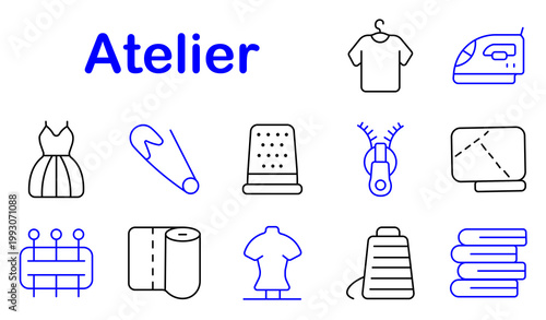 Atelier tailoring set icon. Line style icons display dress garment, safety pin, thimble tool, zipper detail, pattern board, pin cushion, fabric roll, mannequin form, sewing machine