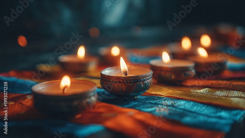Glowing candles on colorful fabric with peaceful warm atmosphere