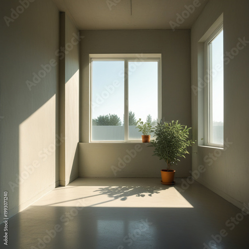 Modern interior design featuring an empty room with beige walls and a green houseplant.