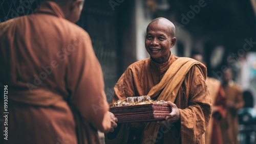 Buddhist monk sharing offering trays in temple courtyard