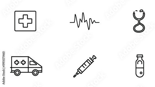 Medical Icons Set: A comprehensive collection of meticulously crafted medical icons. Includes ambulance, syringe, stethoscope, medicine, and emergency cross, and medical waveform.