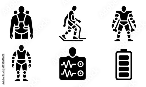 Black silhouettes of robotic exoskeletons and technology icons on white background