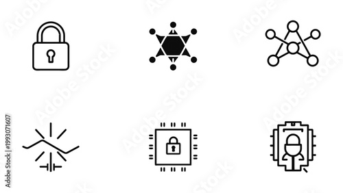 Cybersecurity Icons: A collection of concise line art icons representing fundamental aspects of digital security.